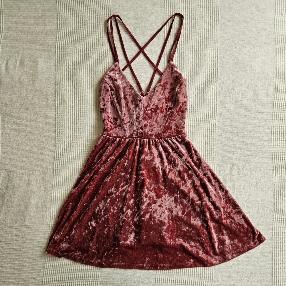 Rose Pink Crushed Velvet Crisscross Back Skater Mini Dress Fit and Flare Women S